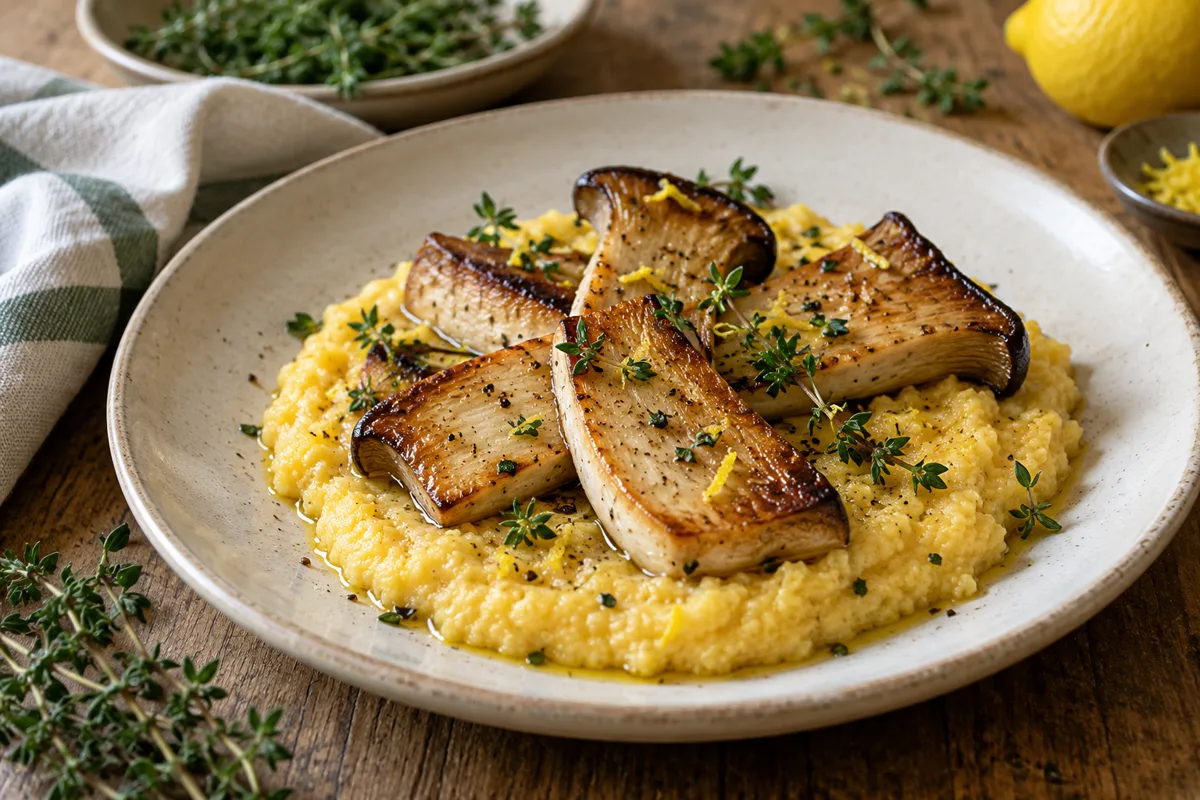 Gebratene Kräuterseitlinge auf cremiger Polenta mit Thymian