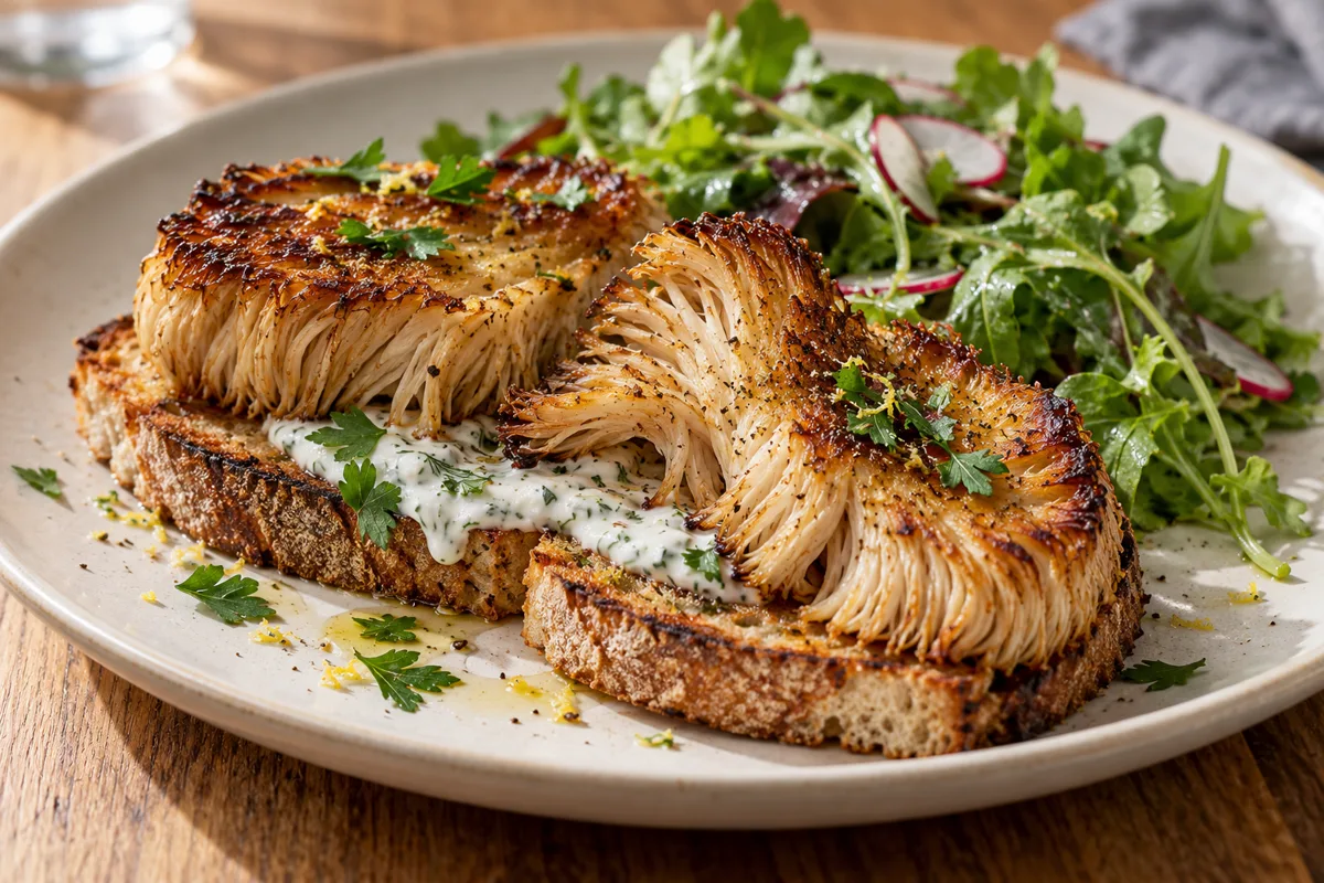 Gebratene Löwenmähne auf geröstetem Sauerteigbrot mit Kräuterjoghurt